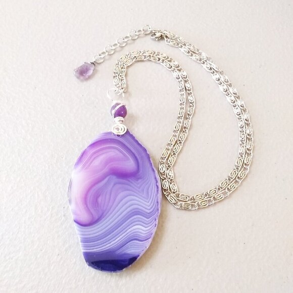 Purple Agate Geode Statement Necklace! Big Bold & Bodacious! Lilac Lavender Plum - Picture 2 of 8